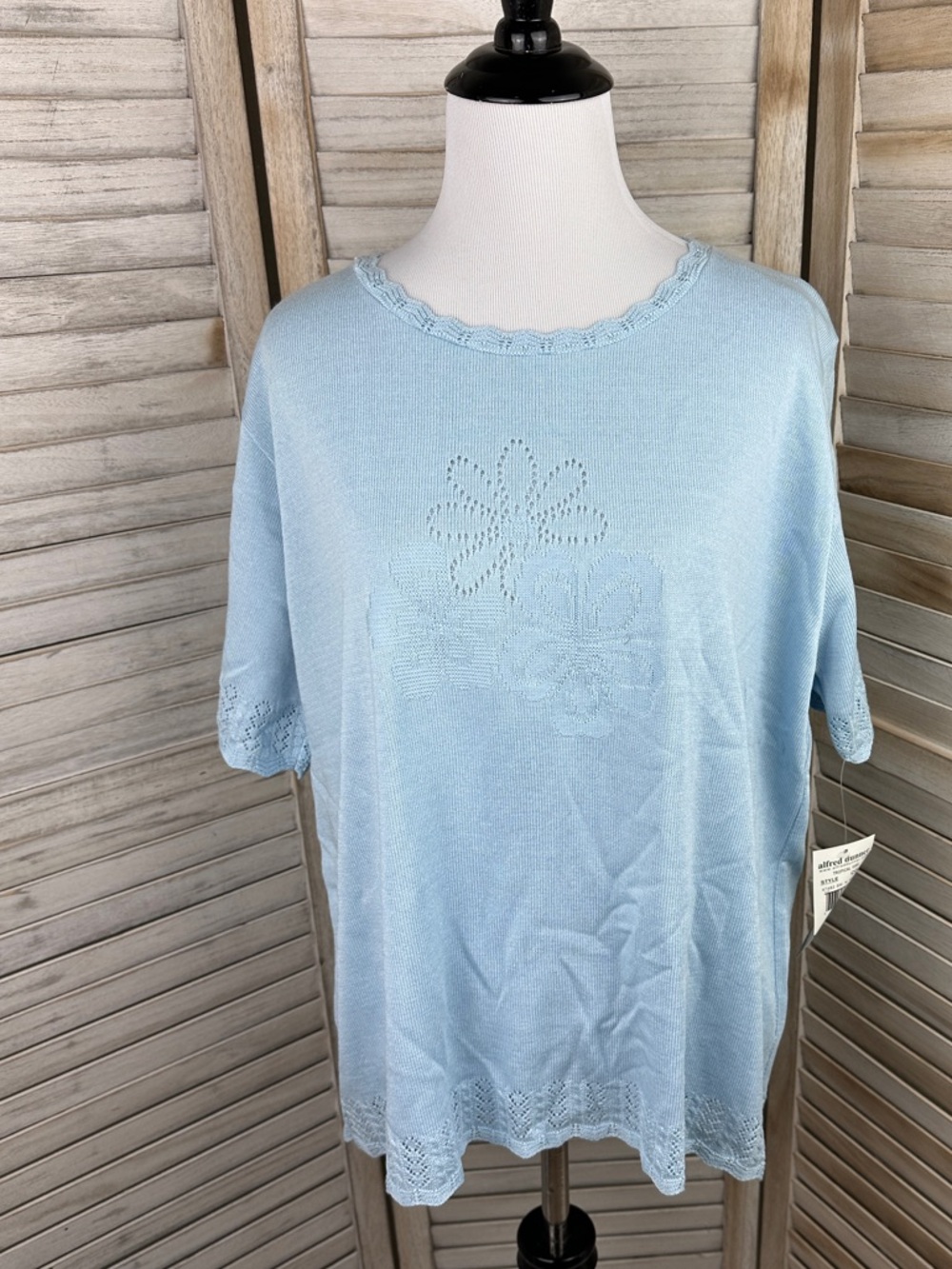 NWT Vintage Alfred Dunner Light Blue Cottagecore Floral Eyelet Sweater Blouse XL